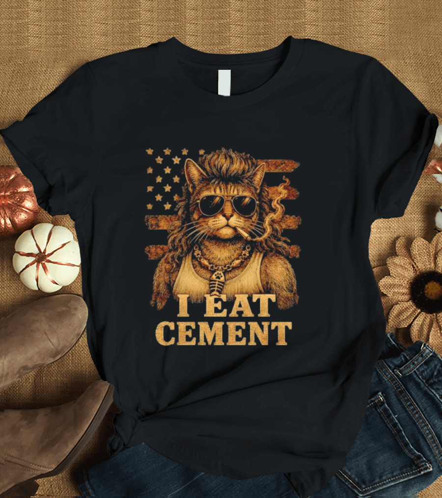 I Eat Cement Mullet Cat With Sunglasses And American Flag T-Shirt