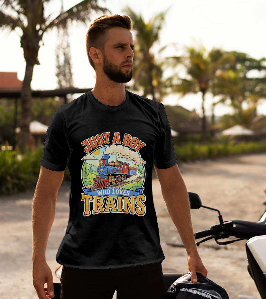 Just A Boy Who Loves Trains Colorful Locomotive Adventure T-Shirt