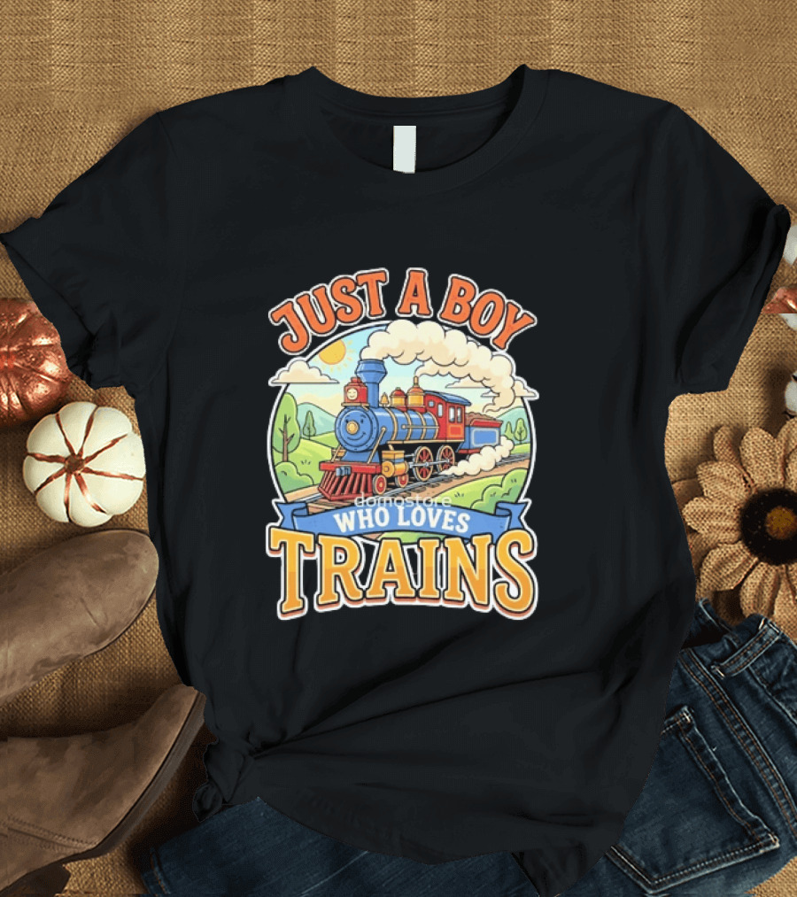 Just A Boy Who Loves Trains Colorful Locomotive Adventure T-Shirt