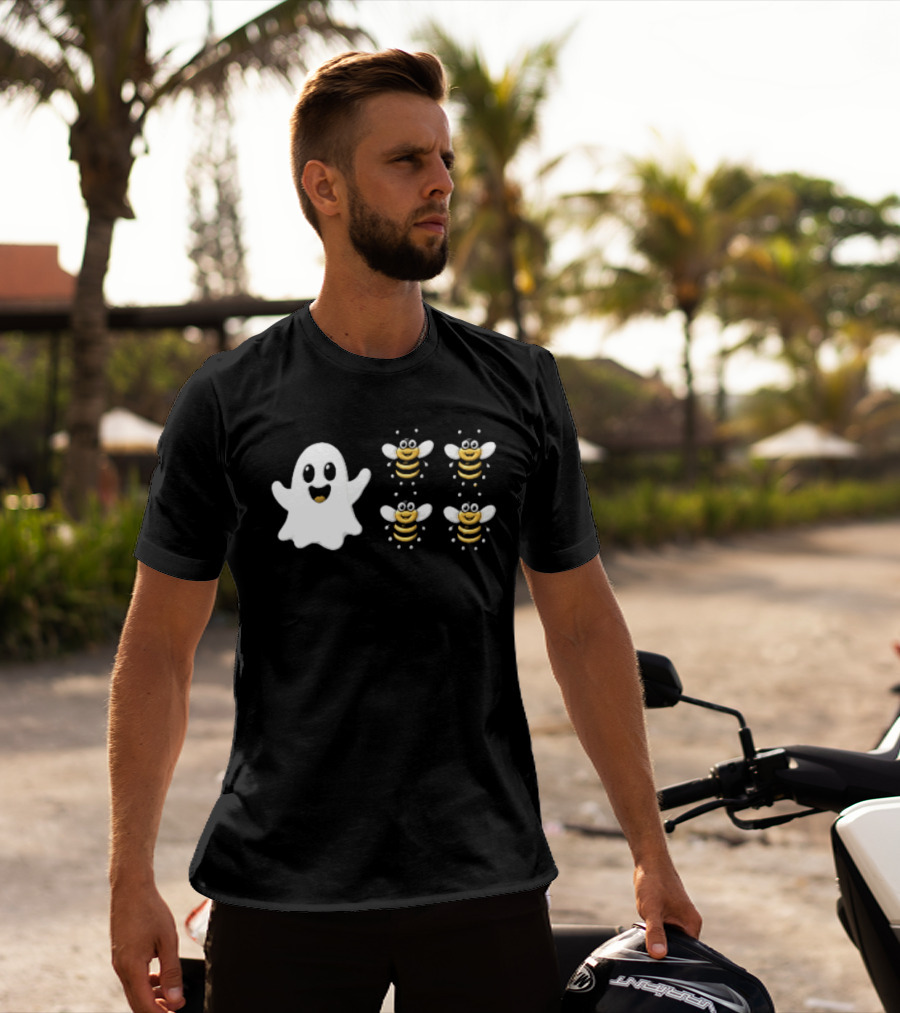 Cartoon White Ghost And Waving Four Bumblebees Cute T-Shirt