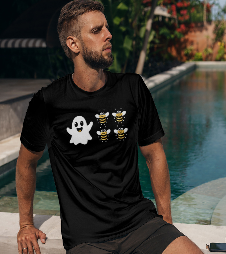 Cartoon White Ghost And Waving Four Bumblebees Cute T-Shirt