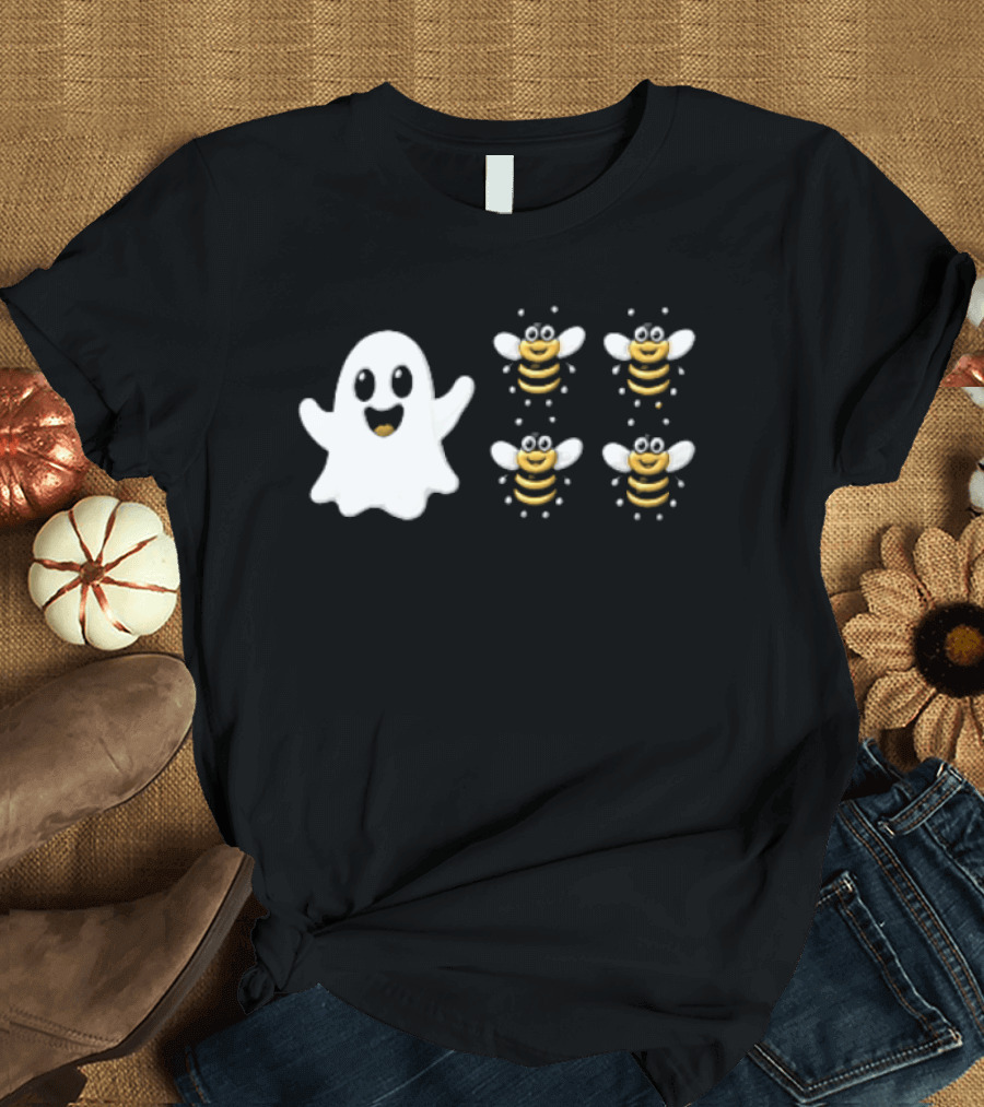 Cartoon White Ghost And Waving Four Bumblebees Cute T-Shirt