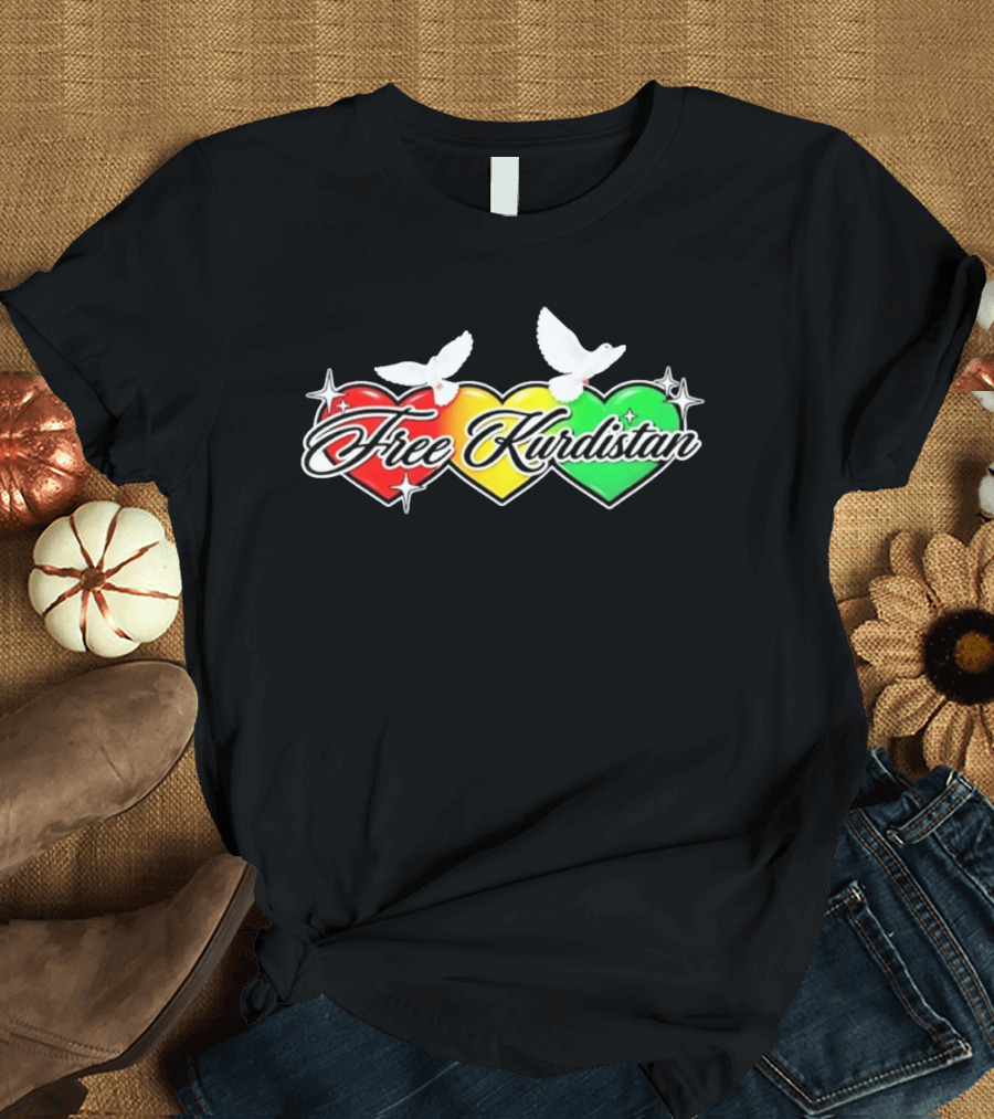 Free Kurdistan Red Yellow Green Hearts Doves T-Shirt