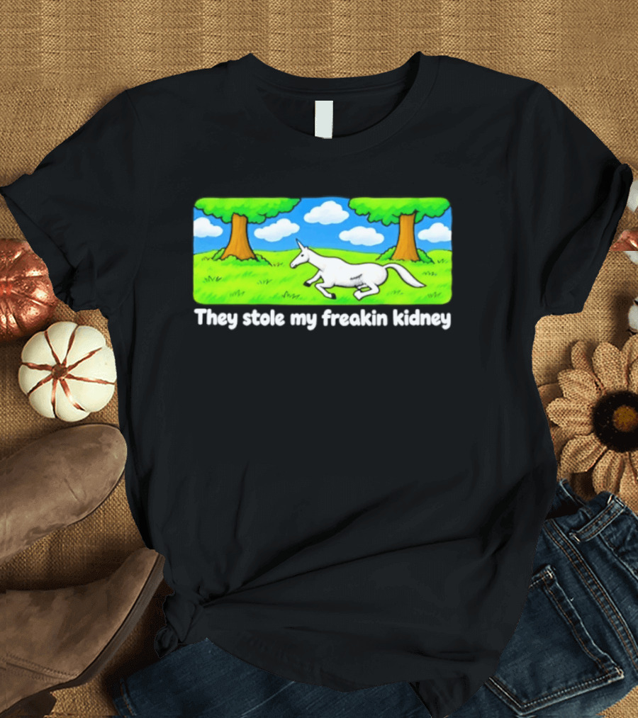 They Stole My Freakin Kidney Unicorn Cartoon Scene T-Shirt