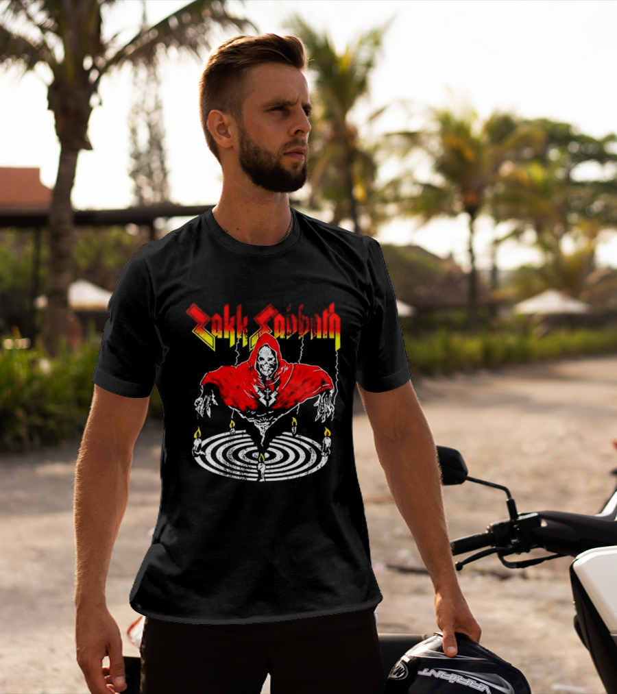 Zakk Sabbath Distressed Heavy Metal Red Ripped Robe Candles T-Shirt
