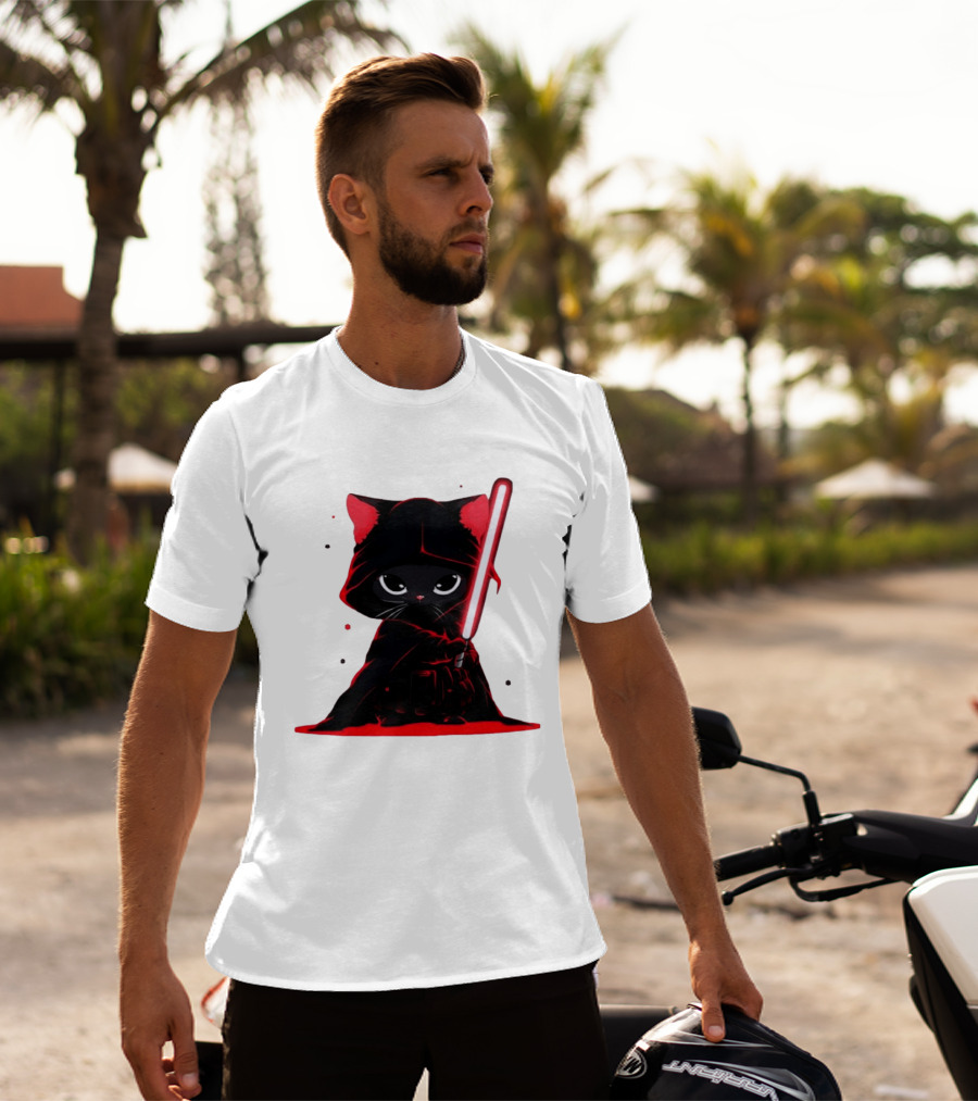 Black Cat Sith With Red Lightsaber Cloaked In Darkness T-Shirt