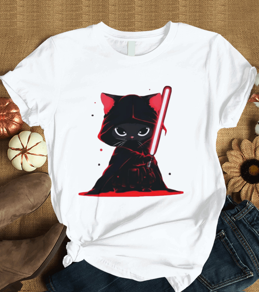Black Cat Sith With Red Lightsaber Cloaked In Darkness T-Shirt