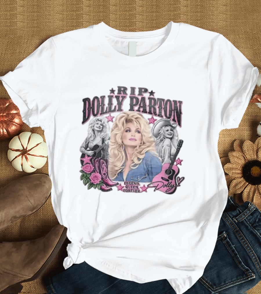 RIP Dolly Parton Legend Queen Forever Pink Cowboy Boots Roses Guitars Stars T-Shirt