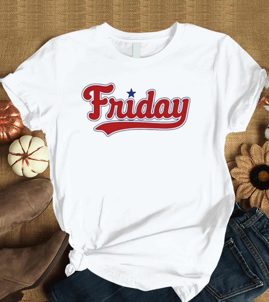 Friday Weekend Casual Baseball Style Script Red Text With Star T-Shirt