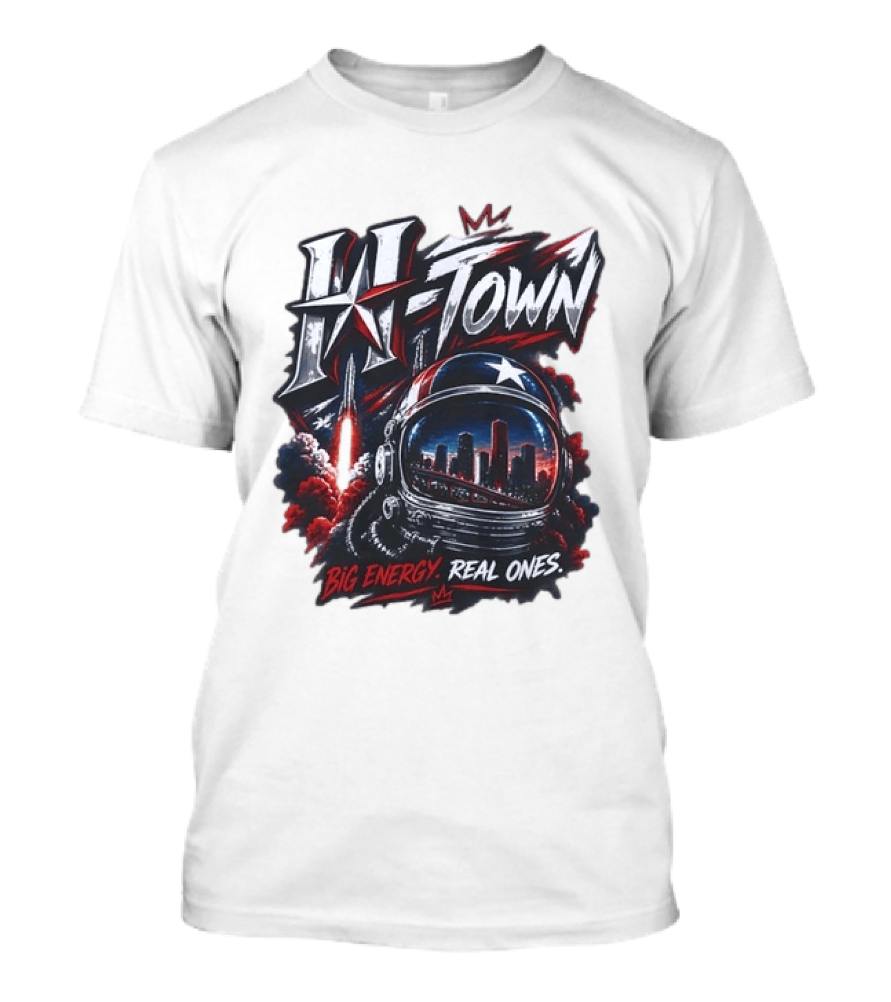 H Town Big Energy Real Ones Houston Astronaut Skyline T-Shirt