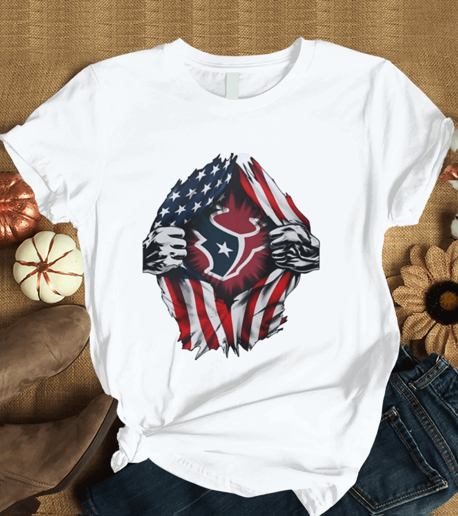 Houston Texans American Flag Ripped Chest NFL Fan T-Shirt