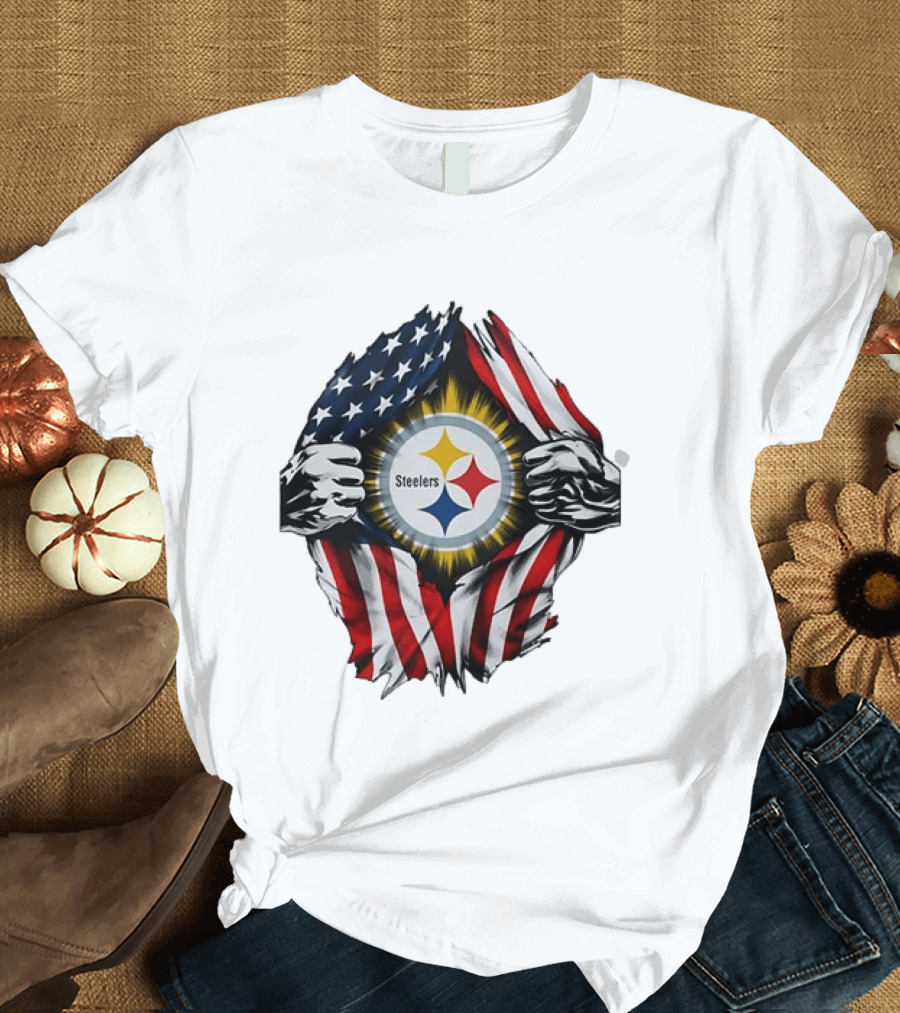 Pittsburgh Steelers American Flag Ripped Chest T-Shirt