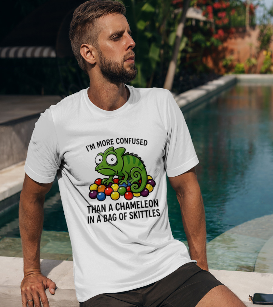 I'm More Confused Than A Chameleon In A Bag Of Skittles Colorful Chameleon And Candy Humor T-Shirt