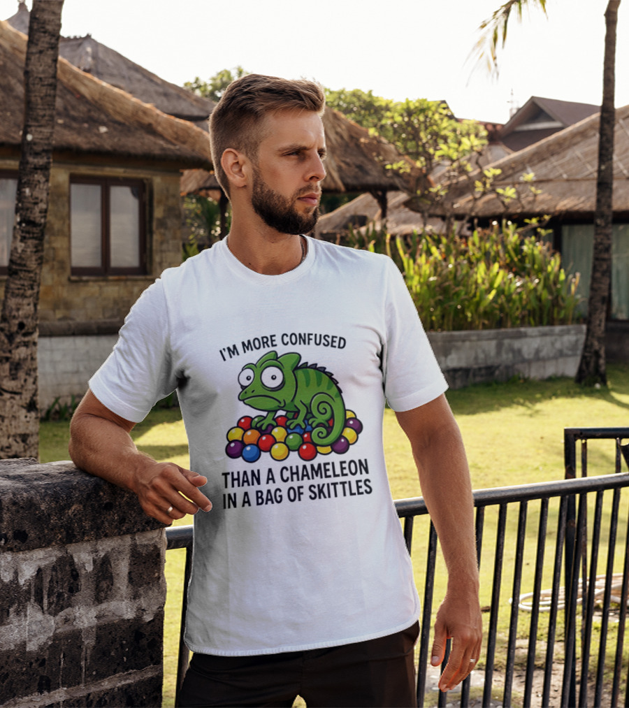 I'm More Confused Than A Chameleon In A Bag Of Skittles Colorful Chameleon And Candy Humor T-Shirt