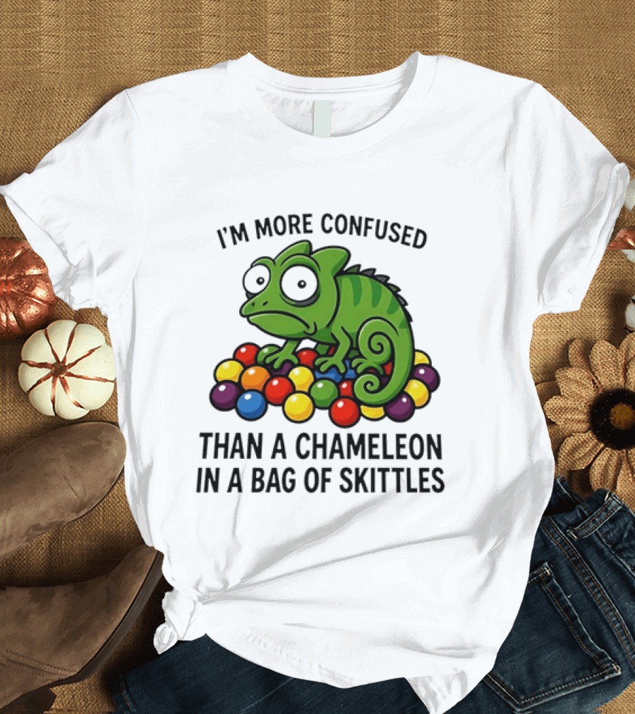 I'm More Confused Than A Chameleon In A Bag Of Skittles Colorful Chameleon And Candy Humor T-Shirt