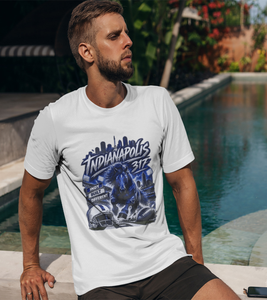 Indianapolis Colts 317 Indy Built Different Football Horse Helmet Skyline T-Shirt