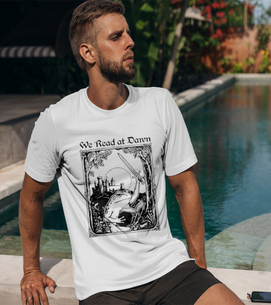 We Read At Dawn Frog Holding Sword And Book In Enchanted Forest T-Shirt