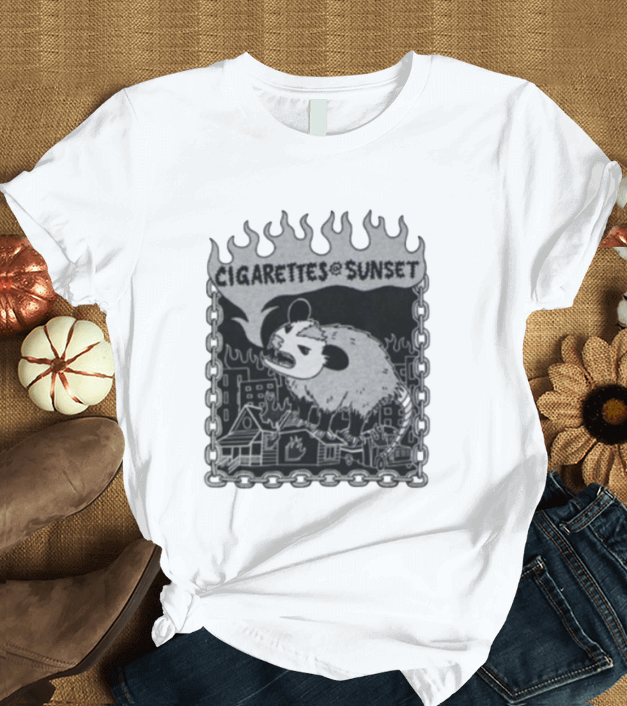 Cigarettes At Sunset OG Possum In Fiery Cityscape With Chains T-Shirt