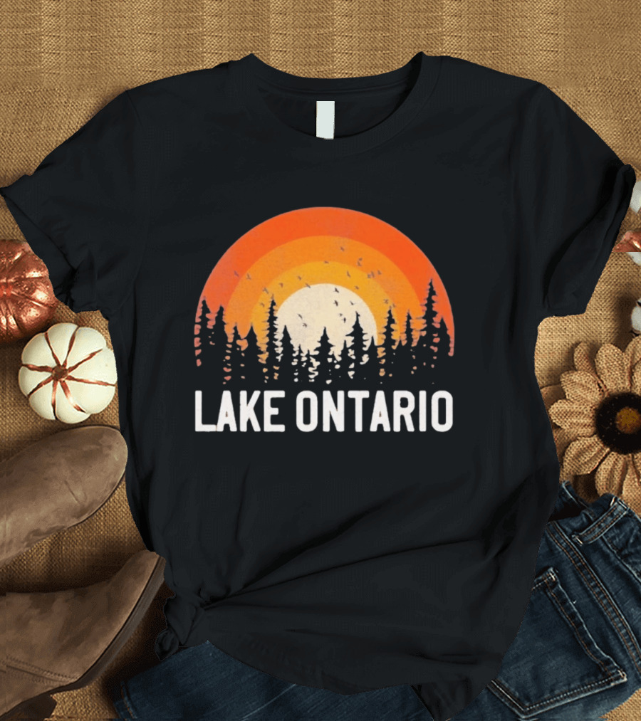 Lake Ontario Sunset Forest Birds Nature Scene With Orange Yellow Gradient T-Shirt