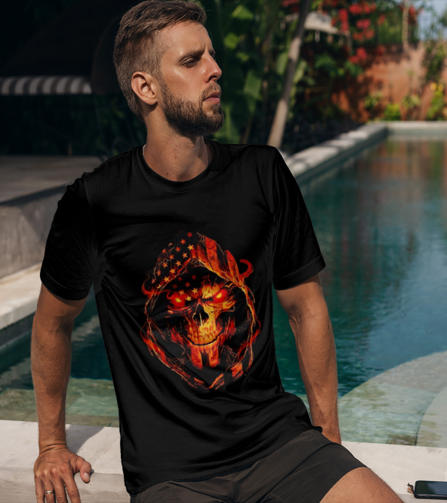 American Flag Skull Grim Reaper With Glowing Red Eyes T-Shirt