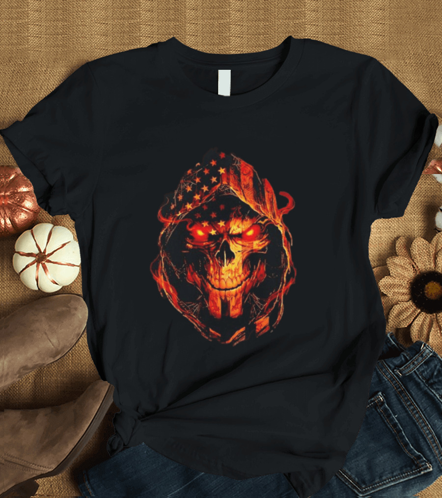 American Flag Skull Grim Reaper With Glowing Red Eyes T-Shirt