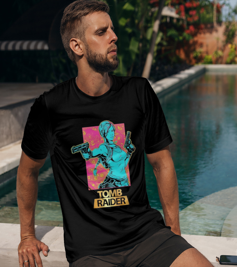 Tomb Raider Lara Croft Neon Halftone Dual Pistols T-Shirt