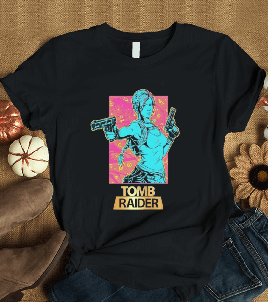 Tomb Raider Lara Croft Neon Halftone Dual Pistols T-Shirt