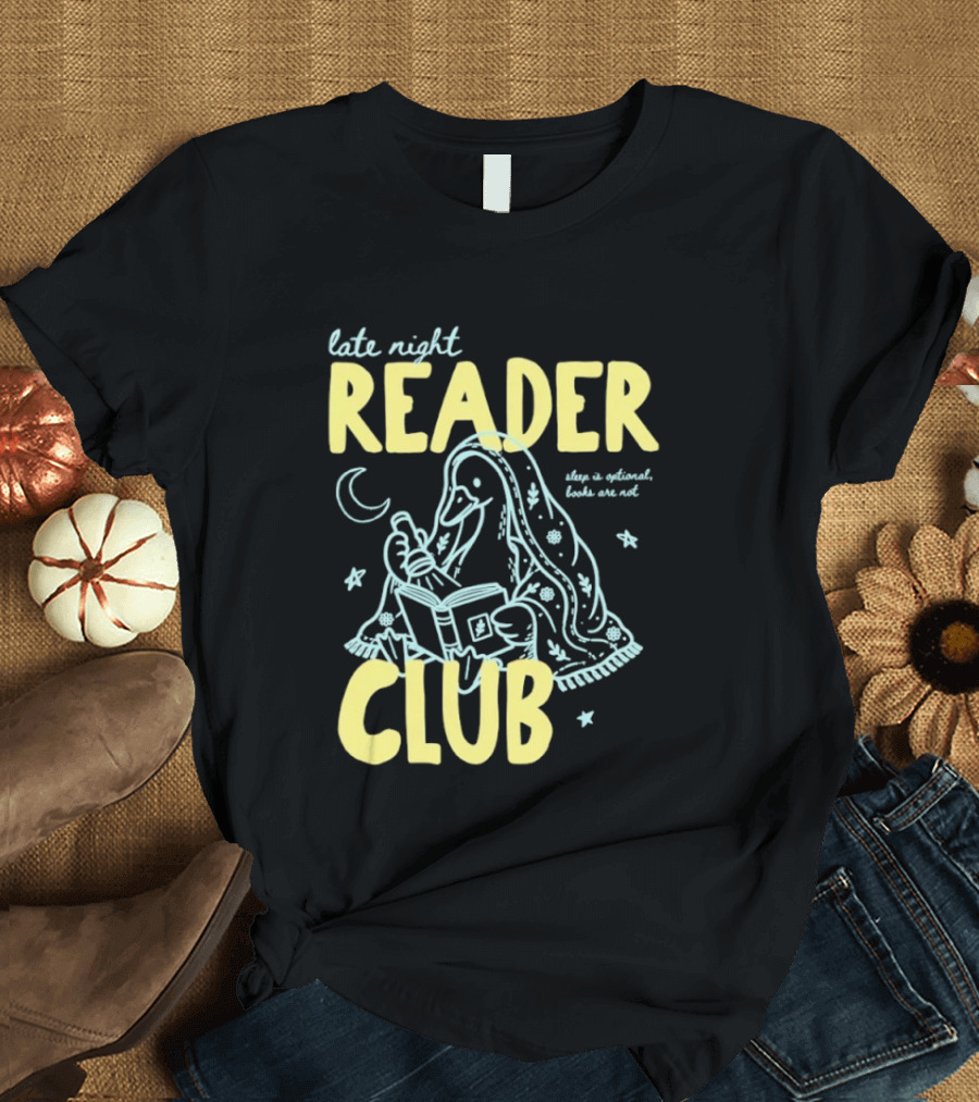 Late Night Reader Club Penguin Reading Moon Stars Sleep Is Optional Books Are Not T-Shirt