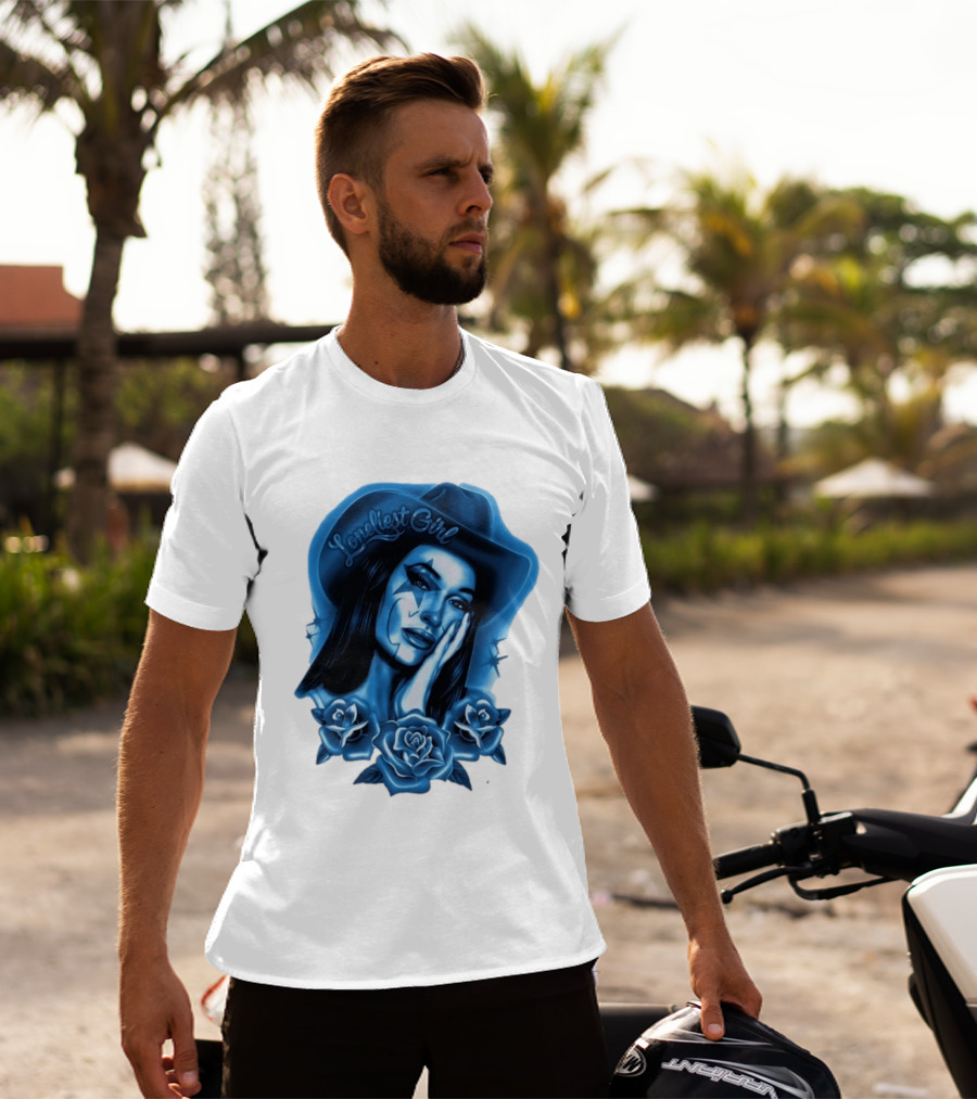 Loneliest Girl Airbrush Cowgirl In Blue With Roses T-Shirt
