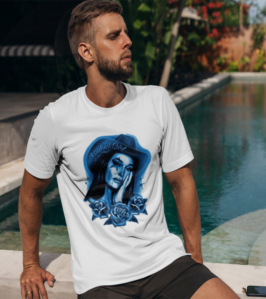 Loneliest Girl Airbrush Cowgirl In Blue With Roses T-Shirt