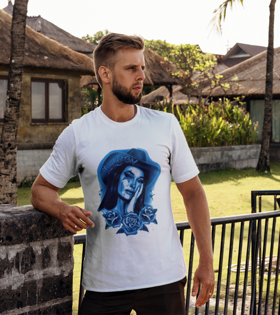 Loneliest Girl Airbrush Cowgirl In Blue With Roses T-Shirt
