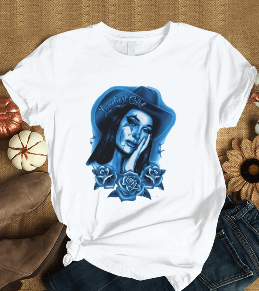 Loneliest Girl Airbrush Cowgirl In Blue With Roses T-Shirt
