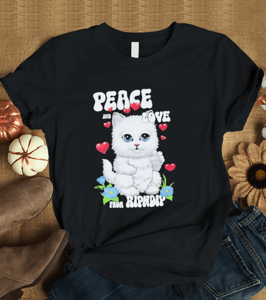 Peace And Love Ripndip Cat Kitten Hearts And Flowers T-Shirt