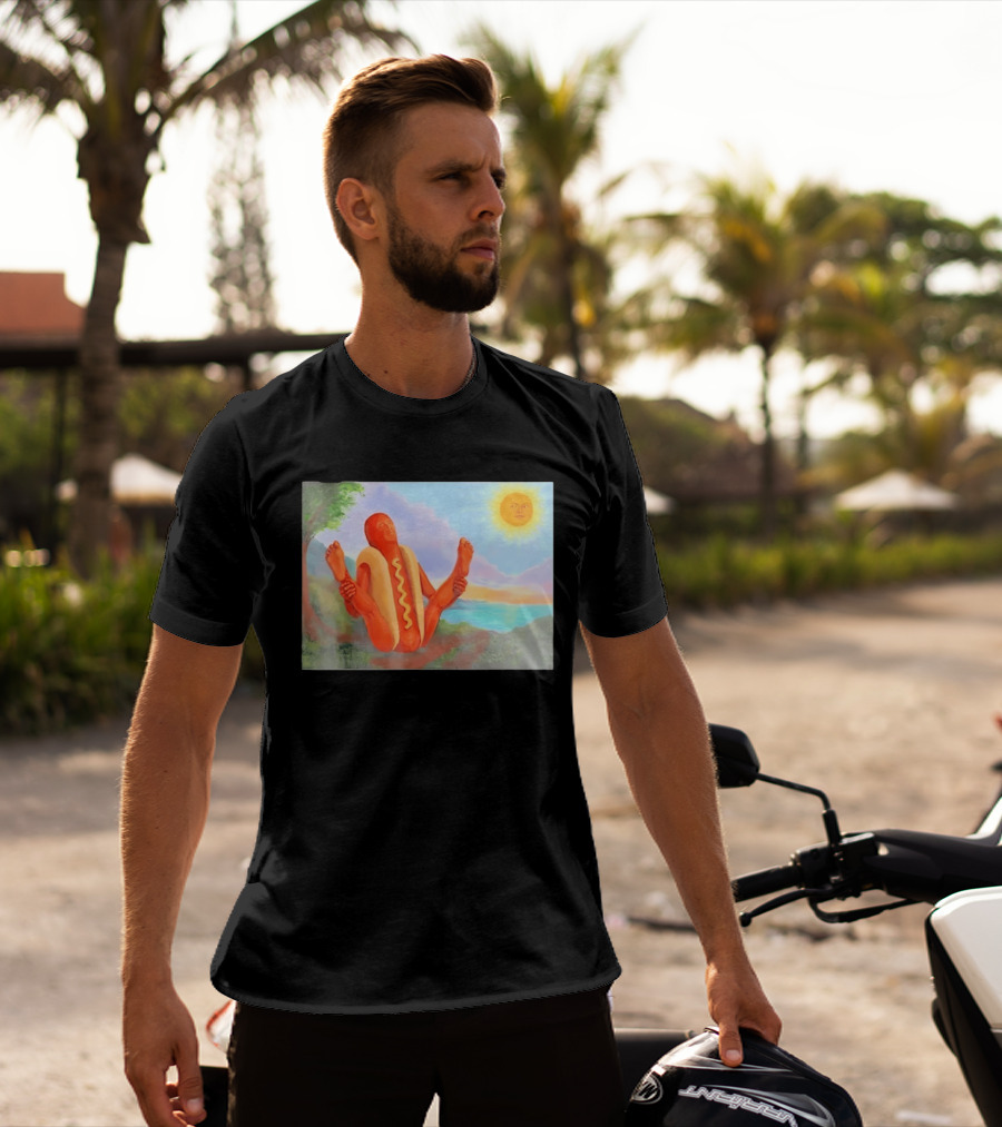 Surreal Hot Dog Doing Yoga At Sunrise With Smiling Sun T-Shirt