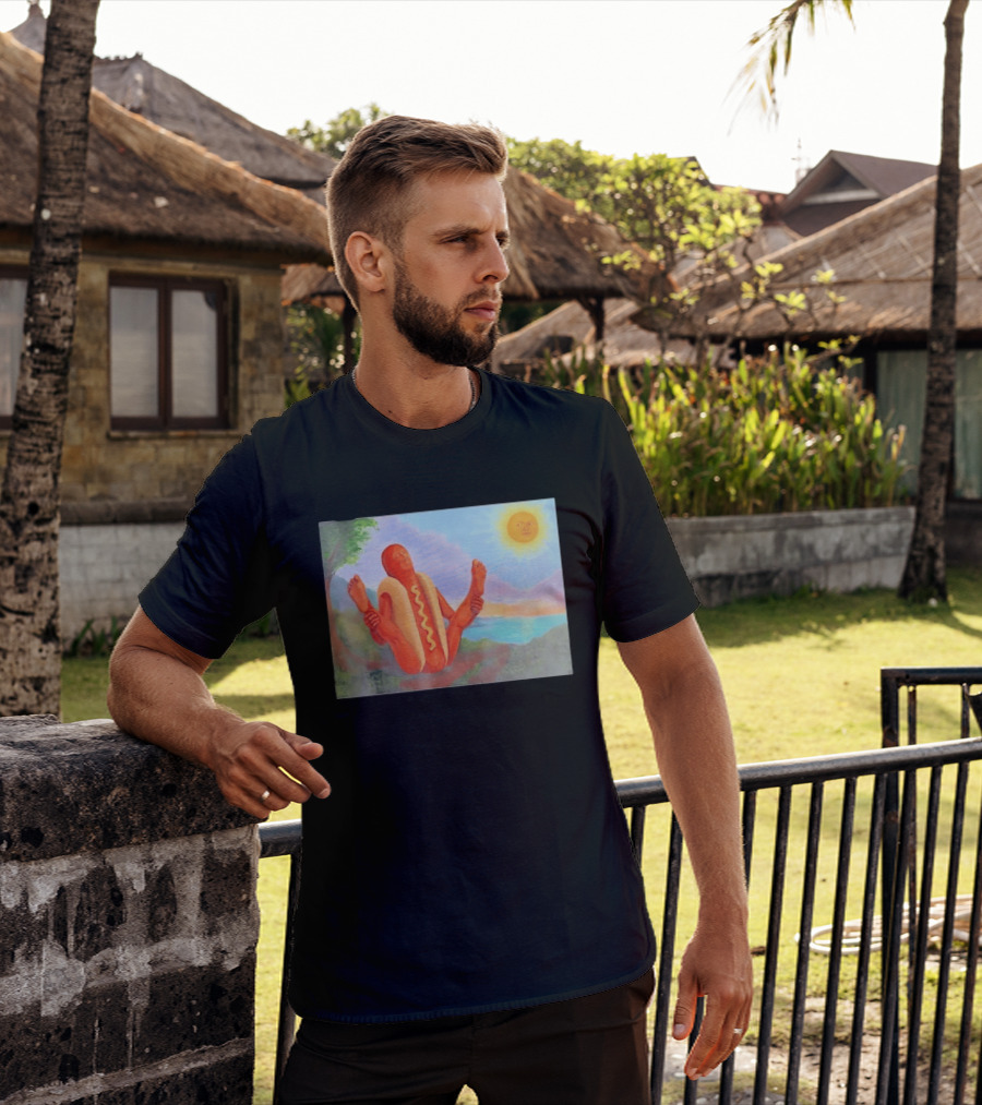 Surreal Hot Dog Doing Yoga At Sunrise With Smiling Sun T-Shirt