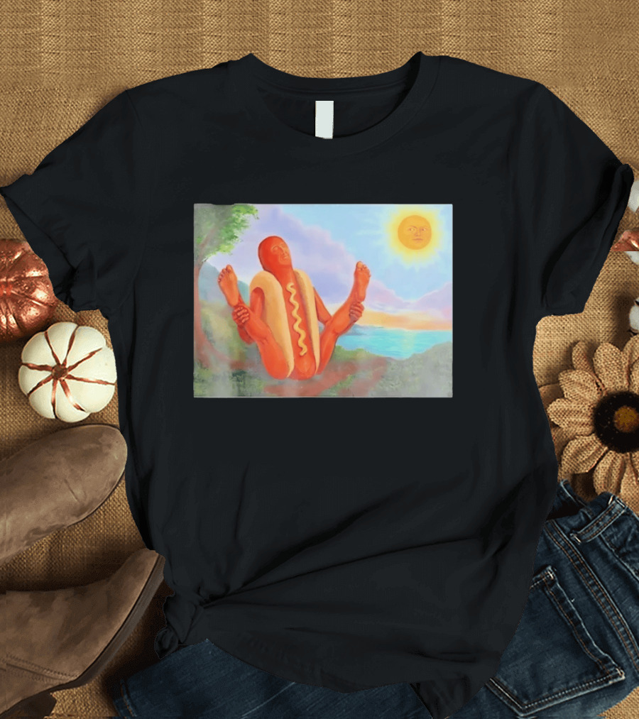 Surreal Hot Dog Doing Yoga At Sunrise With Smiling Sun T-Shirt