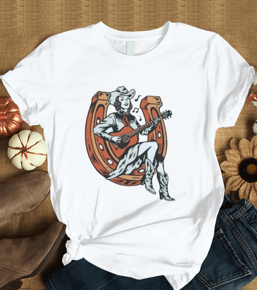 Cowgirl Playing Guitar On Horseshoe Classic Western Music Scene T-Shirt