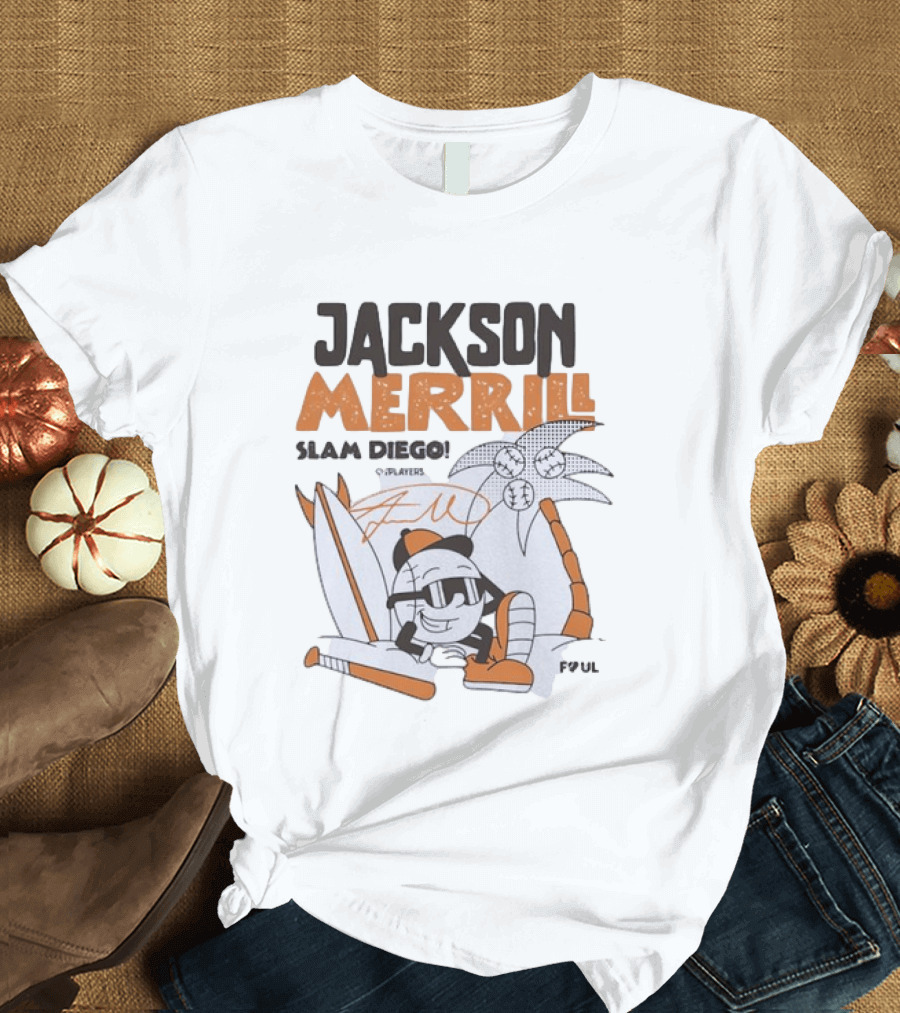 Jackson Merrill San Diego Padres Slam Diego Foul Territory Cartoon Baseball Palms T-Shirt