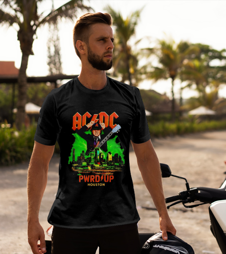 AC DC Angus Young Pwr Up Houston Hard Rock Skyline Electric Guitar T-Shirt