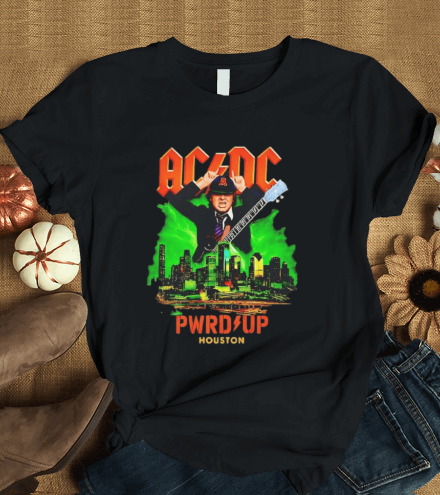 AC DC Angus Young Pwr Up Houston Hard Rock Skyline Electric Guitar T-Shirt