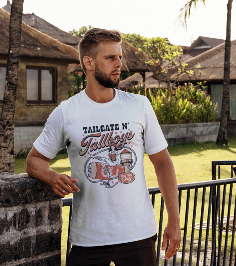 Tailgate N' Tallboys Bloomington Illinois Good Times Only Cowboy Boot And Water Tower T-Shirt