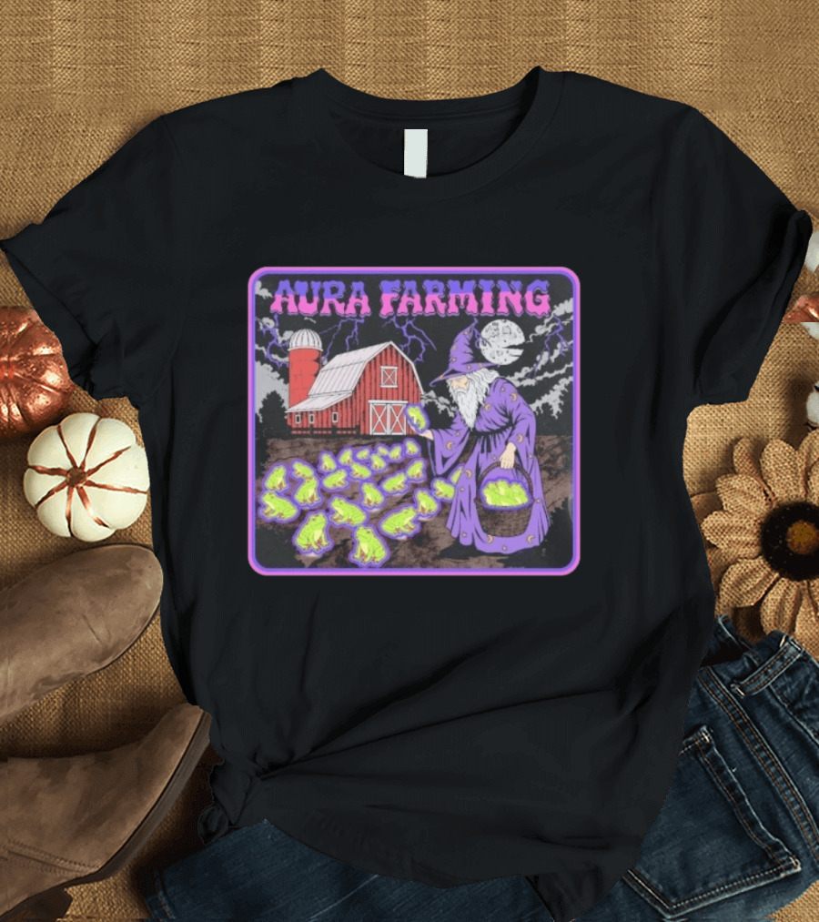 Aura Farming Moonlit Sorcerer Harvests Glowing Frogs Barn Wizard Magic T-Shirt