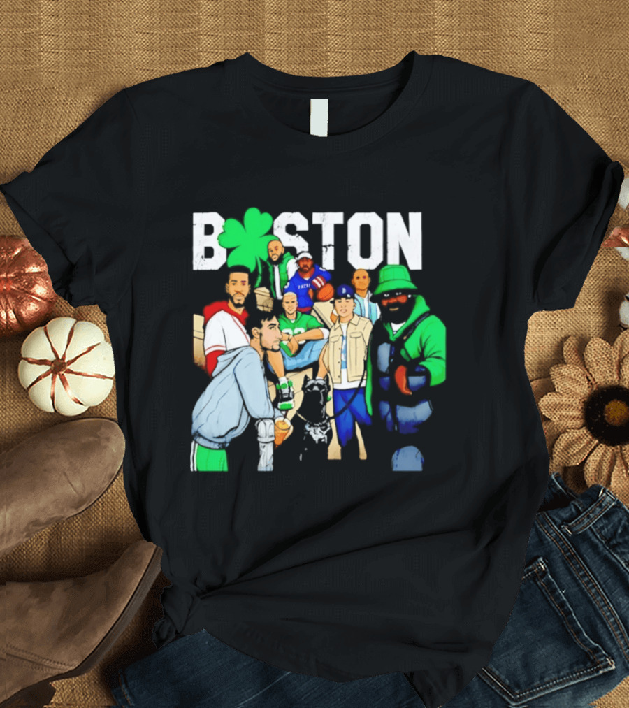 Boston Green Clover Sports Fan Characters Distressed Look T-Shirt
