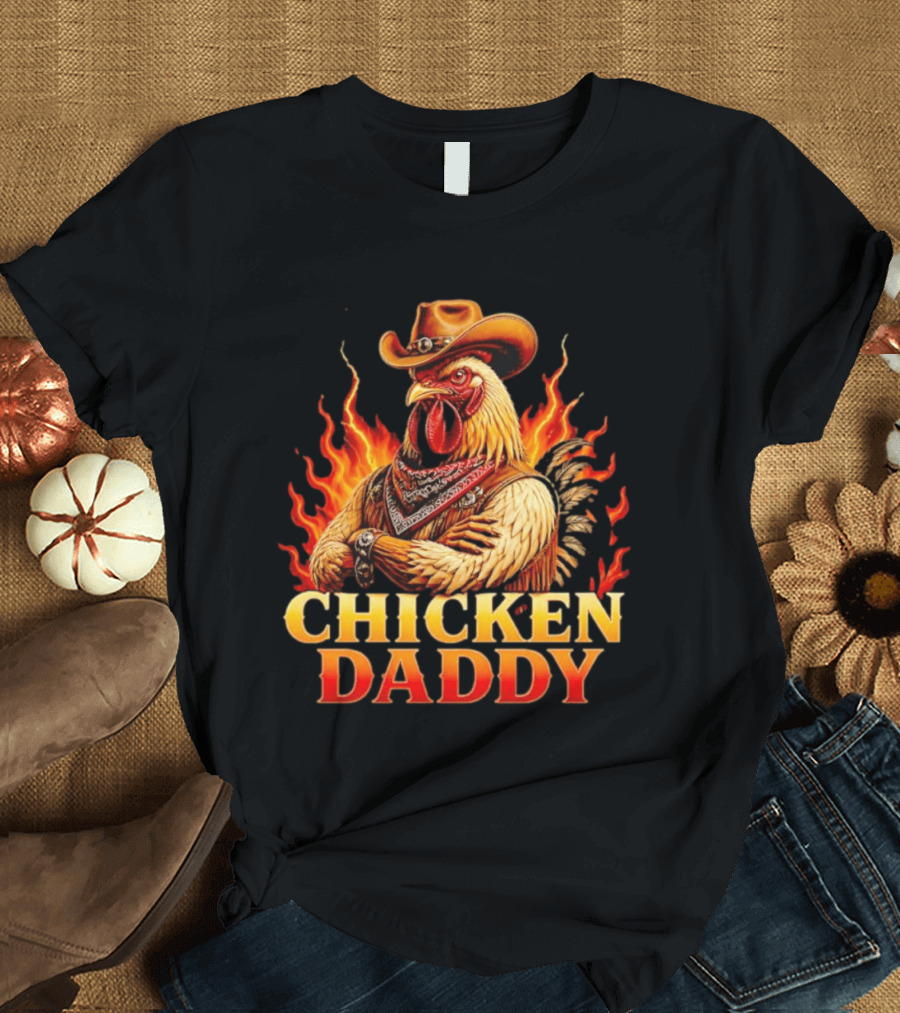 Chicken Daddy Cowboy Rooster With Flames And Bandana T-Shirt