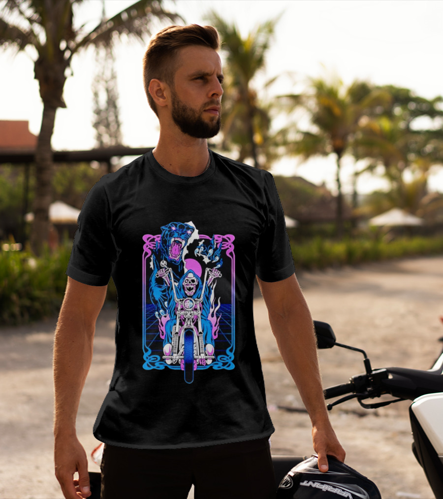 Grim Reaper Motorcycle Panther Retro Neon T-Shirt