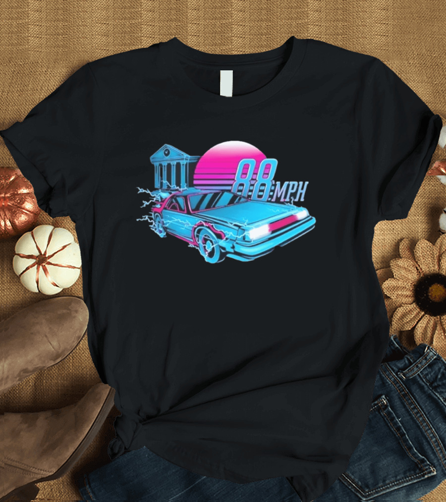 Back To The Future DeLorean 88 MPH Neon Style With Sunset And Tower T-Shirt