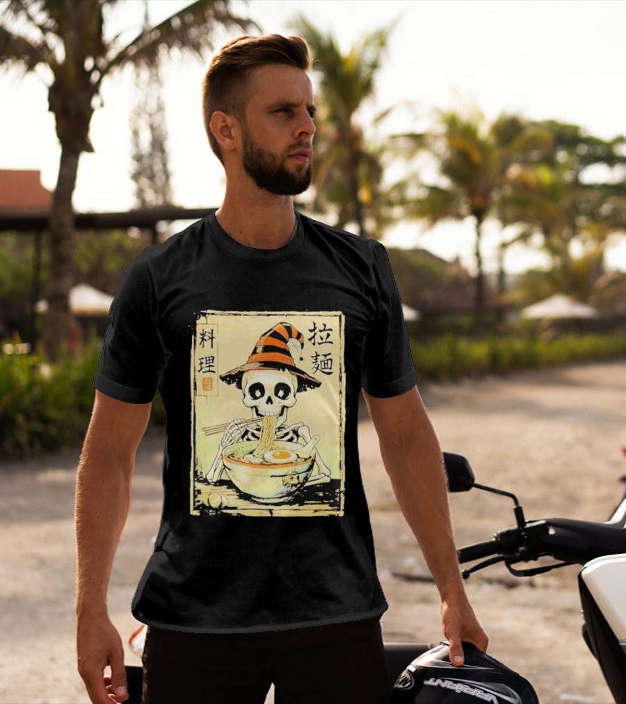 Witch Skeleton Eating Ramen With Japanese Kanji Characters T-Shirt