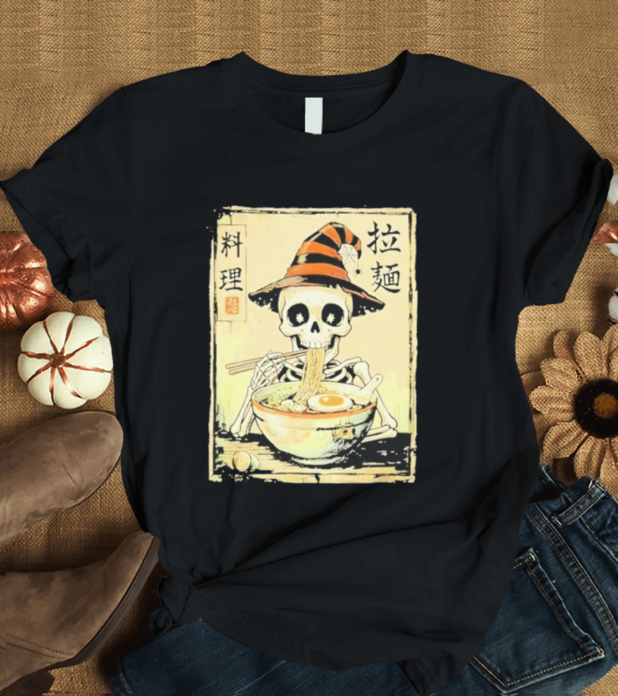 Witch Skeleton Eating Ramen With Japanese Kanji Characters T-Shirt