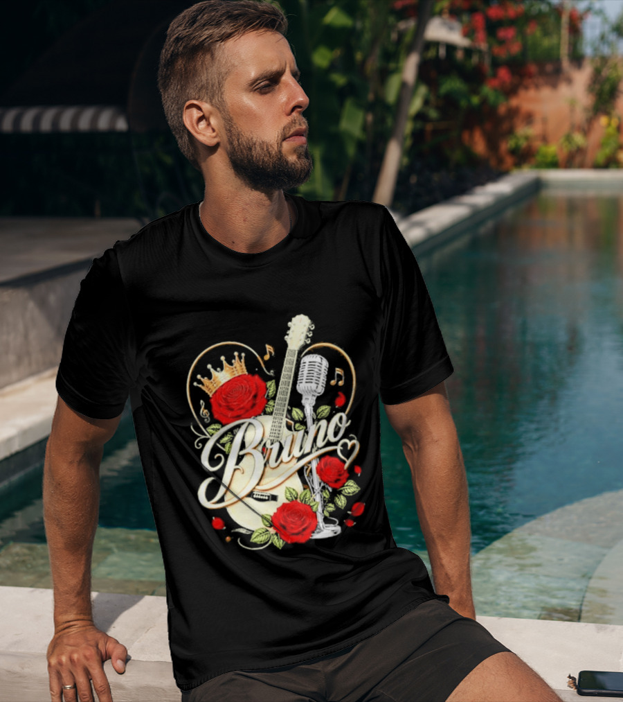 Bruno Rose Crown Guitar And Microphone With Music Notes T-Shirt