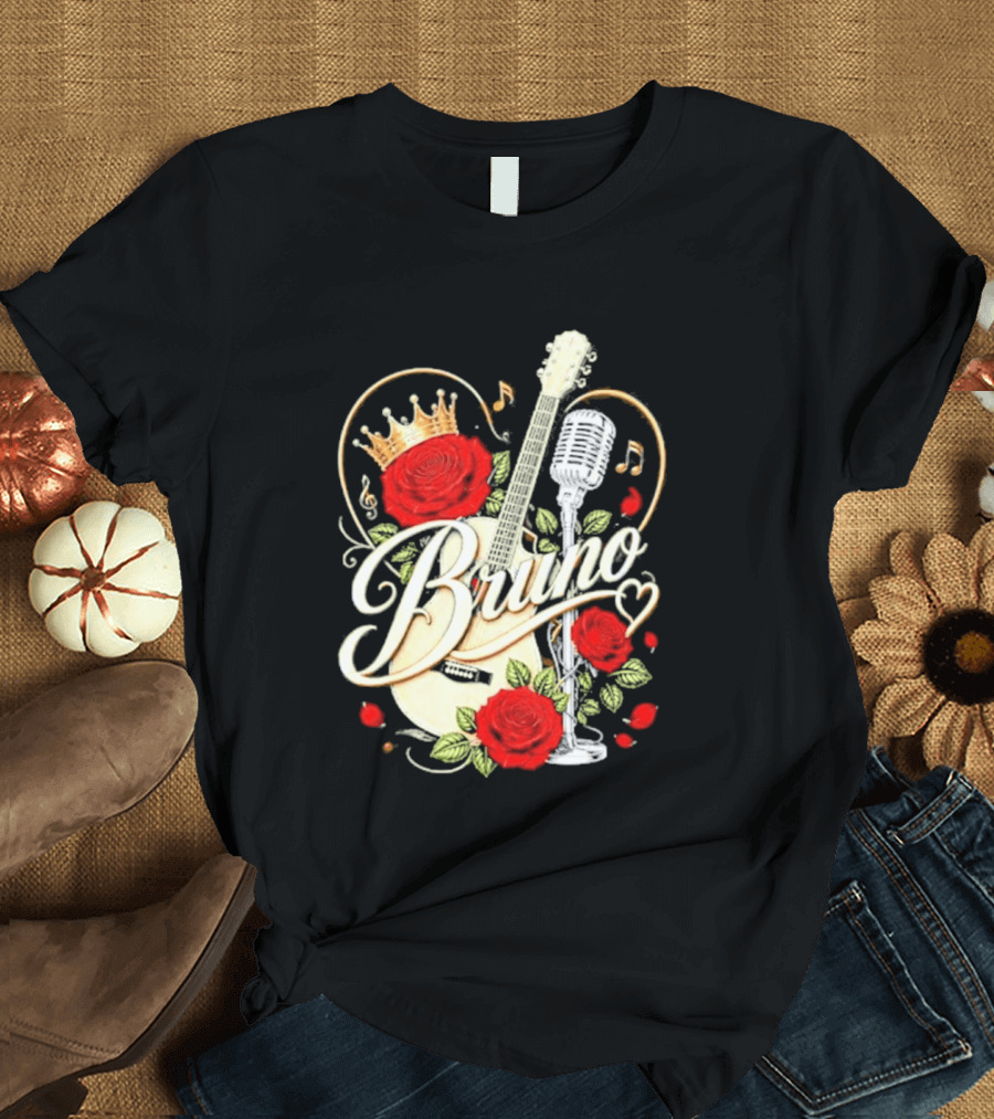 Bruno Rose Crown Guitar And Microphone With Music Notes T-Shirt
